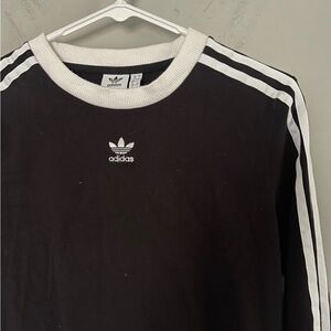 Adidas Stripe Long Sleeve Logo Crew Neck Tee Embroidered Top Black White sz XL